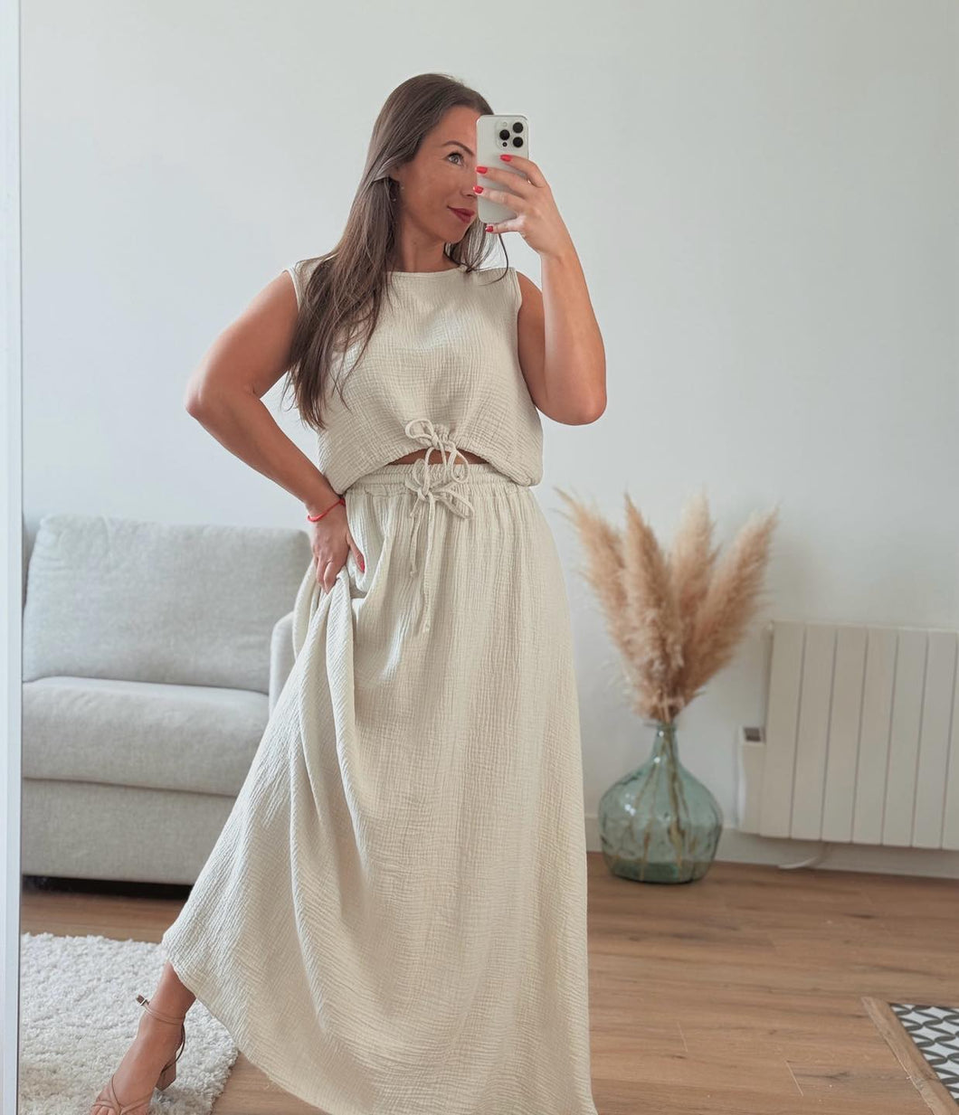 Jupe longue en gaze de coton beige