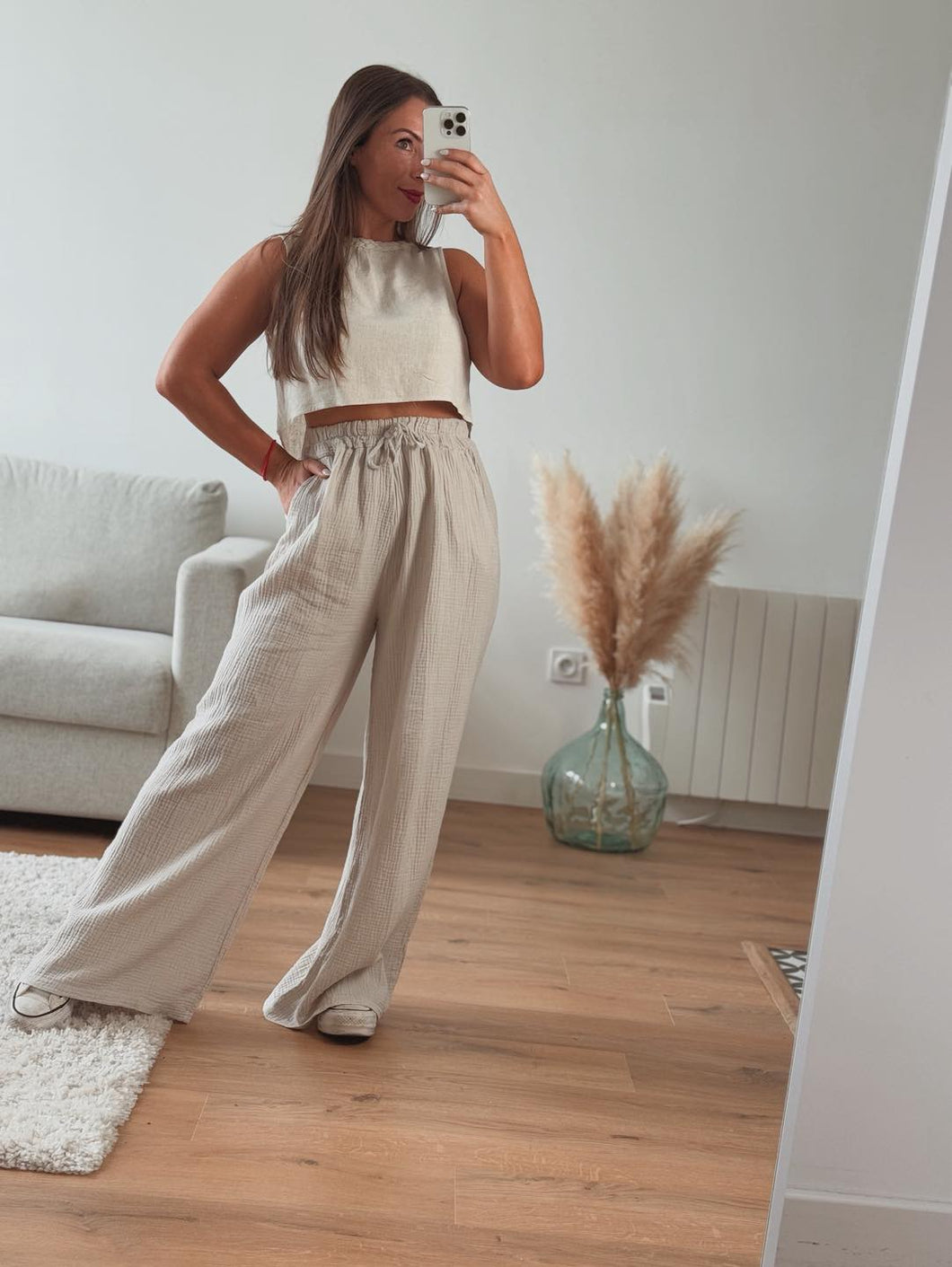 Pantalon beige en gaze de coton